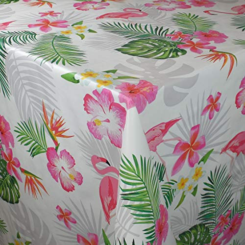 KEVKUS Wachstuch Tischdecke C144662 Flamingo Blüten Palmen Meer auf weiß wählbar in eckig rund oval (Rand: Schnittkante (ohne Einfassung), 100 cm rund)