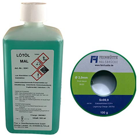 EO-FH Profi-Edelstahl Lötset Nr. 6, 500 ml Flusmmittel/Lötöl MAL zum konventionellen Weichlöten von Edelstahl, Pinsel + 100 g Lötzinn Legierung Sn99,9