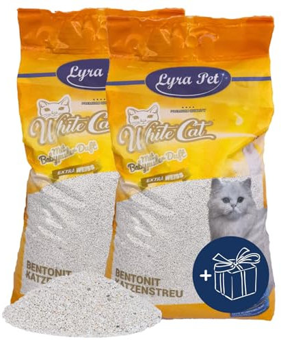 Lyra Pet® | 30 Liter White Cat Katzenstreu + Geschenk | Mit Babypuder Duft | Feines Klumpstreu | 350% Saugkraft | Naturprodukt aus Bentonit | Saubere Wohnung | Neutralisiert Gerüche | Staubarm