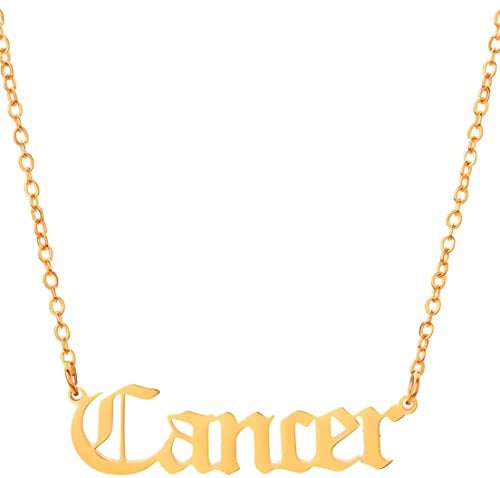 Retro Old English Gold Star Sign Pendant Chain Letter Necklace - Cancer (22nd June - 22nd July) - Zodiac Constellation Horoscope Celestial Astrology Jewellery - Women Men Gift