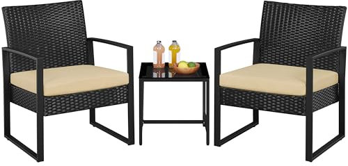 Yaheetech Juego de Sillas y Mesa Exterior Conjunto de Muebles Exterior Terraza Juego de Silla de Ratán para Jardín Balcón con Cojines Impermeable Begei