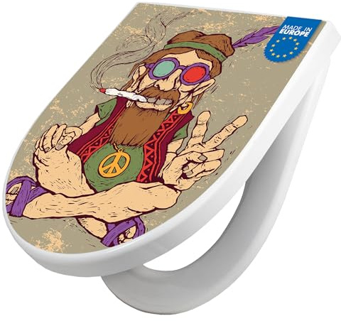 banjado WC Sitz mit Absenkautomatik D Form - Toilettendeckel mit Absenkautomatik D Form - Klodeckel Softclose - stabile Klobrille - Toilettensitz Weiß - Motiv Peace
