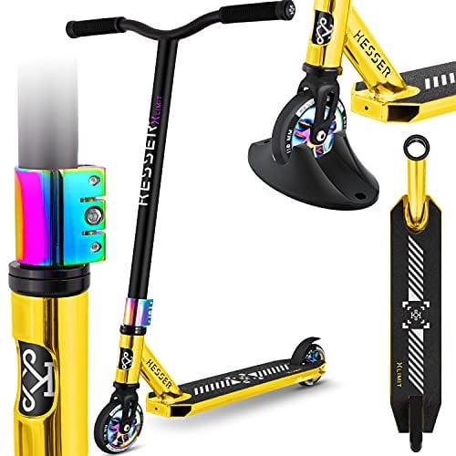 KESSER® Trougetinette de Freestyle X-Limit-Pro 360Ḟ Direction trougetinette Funscooter trougetinette de Freestyle avec béquille ABEC 9 roulements à Billes, Roues en PU 110 mm, (Chrome/Gold)