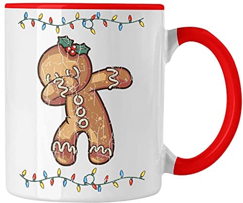 Trendation - Weihnachten Tasse Lebkuchenmann für Kinder Weihnachtstasse Lustig Geschenk Becher Jungs Jungen Mädchen Cute Lebkuchen Grafik (Rot)