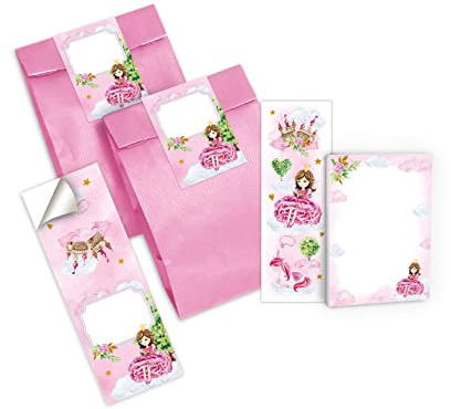 Junapack 12 Lesezeichen + 12 Mini-Notizblöcke + 12 Geschenktüten (rosa) + 12 Aufkleber Prinzessin Mitgebsel Gastgeschenk beim Kindergeburtstag Mädchen