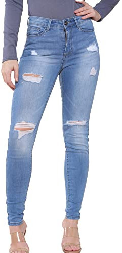 989Zé ENZO EZL417 Womens Jeans Skinny Stretch Ripped Trousers Ladies Denim Slim Fit Pants with Rips Waist Sizes UK 8-20 (12, Light Blue)