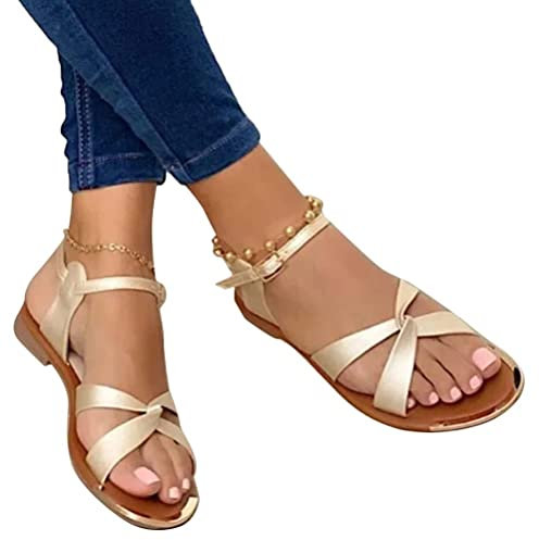 ORANDESIGNE Sandales Femmes Plates Chaussures Été Plats Claquettes Bout Ouvert Plage Roman Lacets Sandales Chaussures Plage Plats Antidérapants Légers Confortables Tongs Filles G Or 43 EU