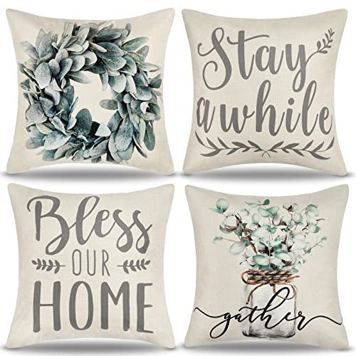 Kissenbezüge 40x40 Blau Grün Dekorative Kissenbezug Eukalyptusblätter Kranz Leinen Herbst Kissenhülle Farmhouse Zierkissenbezüge Für Schlafzimmer Wohnzimmer Outdoor Garten Sofa Deko, 4er Set