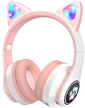 VuyKoo Auriculares Bluetooth para Niños con Micrófono/Luces LED, Inalámbricos, Sonido Estéreo, para Movil, Tablet,Laptops, PS4, para Regalo de cumpleaños/crisma (Rosa)
