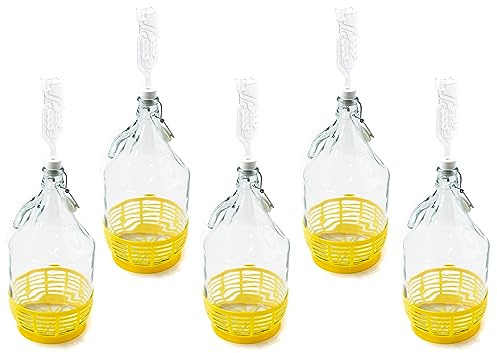 WYSKONT Enghals Balloon Bottle with Swing Top, Protective Basket, Airlock and Stopper for Wine Making, Fermentation, Drinks Storage, Clear Glass, 5 Pack x 5 Litres