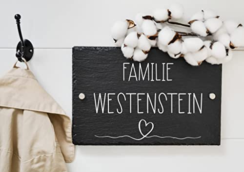 Türschild Familie personalisiert, aus Schiefer, Design Herz, 20 x 30 cm, Hausschild mit Namen, Familien Hausschild, Türschilder mit Namen, Türschild Gravur, Wanddekoration