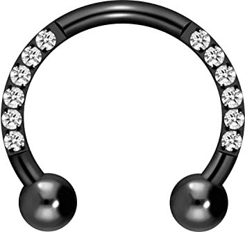 PIERCINGLINE Ohr-Piercing Titan Hufeisenform 10 Kristalle Piercing Nase Septum Helix Tragus Schwarz 10 mm