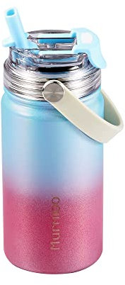 Murmioo Isolierte Edelstahl-Wasserflasche, 2-in-1-Strohhalmdeckel (Strohhalm und Trinkdeckel), auslaufsicher, doppelwandig, BPA-frei, hält heiß und kalt, rosablauer Farbverlauf, 400 ml