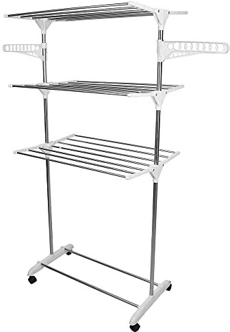 homewell Wäscheständer Wäschetrockner Turm mit Rollen, Platzsparender Turm-Wäscheständer mit 6 Klappbare Flügel und 2 Drehbar Seitenflügel (Weiß, Einzelhebel)