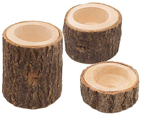 Lot de 3 photophores en bois pour bougies chauffe-plat en bois - Souche d'arbre - Bougeoir pour mariage, anniversaire, fête, Saint-Valentin, ornement