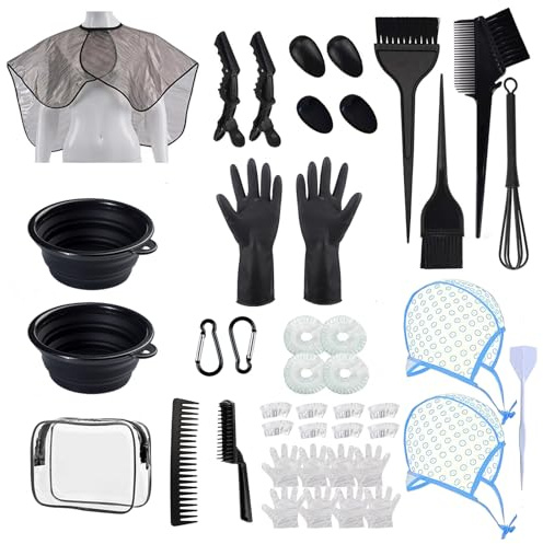 Sievic 43 Pieces Pro Salon Hair Coloring Kit,Hair Dye Brush and Bowl Set,Highlighting Frosting Cap with Plastic Hooks,Dyeing Shawl,Ear Cover,Gloves,Clip for Dyeing Hair Hairdressing Tools