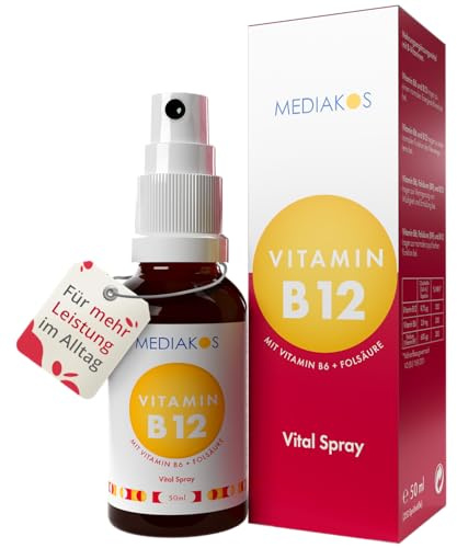 Vitamin B12 + B6 Spray mit 600µg Folsäure (B9) - Hochdosiert & Vegan - B 12 Vitamin Präparat mit Methylcobalamin - Vital Spray mit Apfel-Geschmack (50 ml)