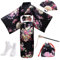 PLULON 5Pcs Japanese Robe Geisha Yukata Dress Blossom Satin Bathrobe with Drawstring Bag Hand Fan Hairpin Tabi Socks Set for Women