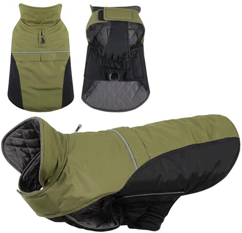 KONVINIT Hundemantel Winter Warm Hundejacke Wasserdicht Wintermantel für Kleine/Mittelgroße Hunde Winddichte Winterjacke für Hunde mit Reflexstreifen und Bauchschutz,Olive L