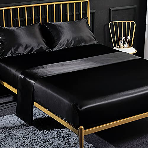 4 Pezzi Completo Lenzuolo Letto Una Piazza e Mezza, 1 x Lenzuola Sotto con Angoli Tinta Unita 160x200 cm con 1 x Lenzuolo Piatto e 2 x Federe, Biancheria da Letto in Raso, Nero