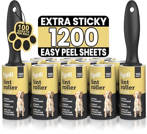 Tydi Lint Roller Set – 1200 Sticky Sheets & 2 Handles – Extra Sticky Lint Remover for Pet Hair, Clothes & Carpet – Includes 12 Large 100-Sheet Refills – Reusable & Eco-Friendly
