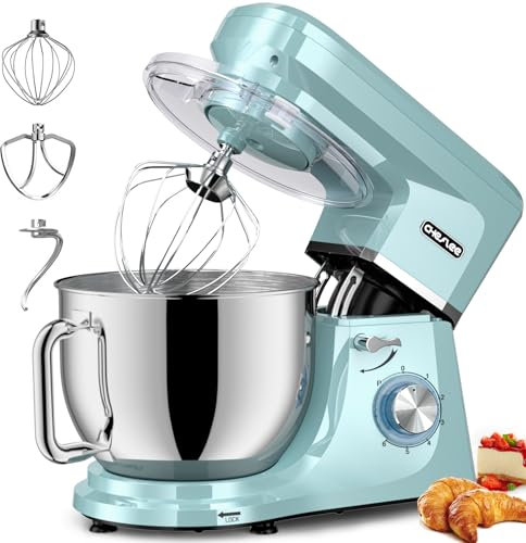CHeflee 1800W Robot Patissier 7,2 L,Robot Pâtissier,avec Crochet Pétrisseur,Batteur,Fouet à Fil,Protection contre les éclaboussures,Bol d'Acier Inoxydable,6+P Vitesses Robot Pétrin Professionnel