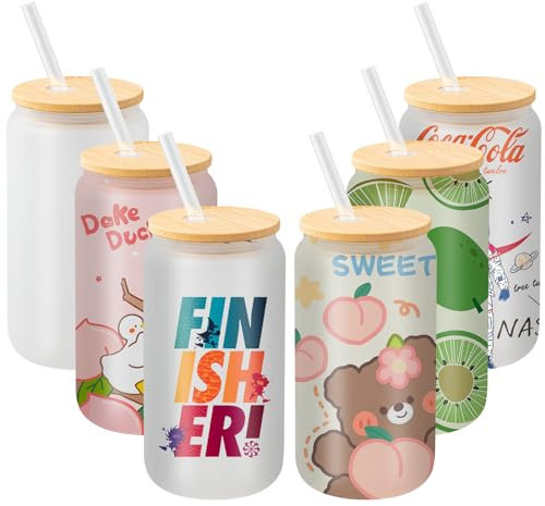 Paquete de 6 vasos de vidrio de sublimación, 455 ml, lata de vidrio de sublimación en blanco con tapas y popotes de vidrio, vasos de vidrio esmerilado transparente, vasos de sublimación rectos para