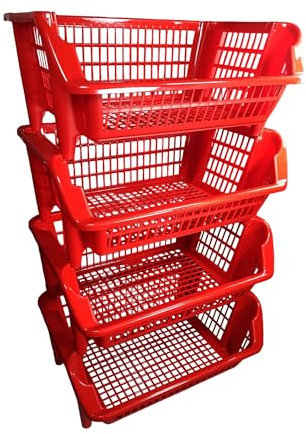 MAC CALF Cestello Rosso a 4 Piani in Plastica Resistente agli Urti porta Frutta e Verdura con Aerazione Ottimale - Dimensioni 54,5x37,5x92,5cm