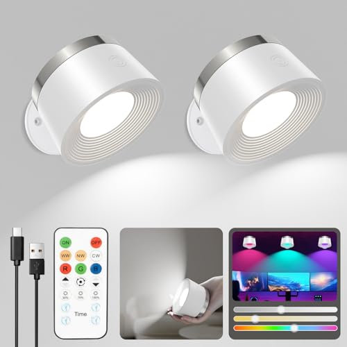 Speclux Led Wandleuchte Kabellos 2 Stück, Wandlampe Akku Innen Fernbedienungen, 3 Helligkeitsstufen & 13 RGB, 360° Drehbarer Magnetismus Wandleuchte, für Wohnzimmer Schlafzimmer Treppenhaus Korridor