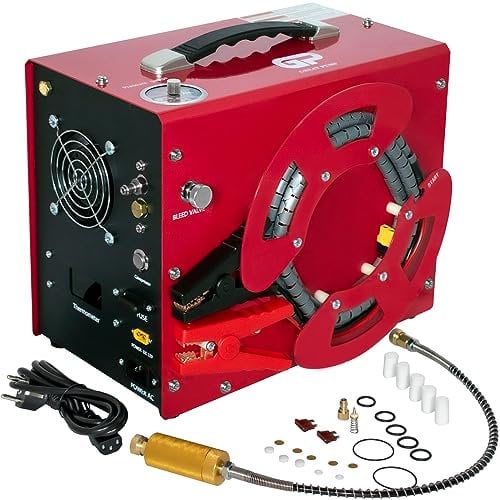 TUXING 4500Psi Pcp Air Compressor, Built-in Converter/Water-Oil Filter, Auto Stop,Unique Vertical+Wire Spool Portable Design, for Paintball Scuba Tank Compressor HPA Pump Fill Station (TXES062)