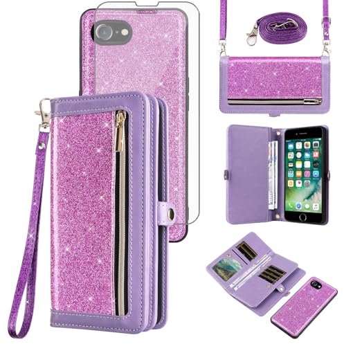 Asuwish Phone Case for iPhone 7/8/SE 2020/2022 Zipper Wallet Cell Cover with Screen Protector Glitter Flip iPhone7 iPhone8 7s 8s i SE2020 SE2022 2/2nd/3/3rd Generation SE2 SE3 7SE 8SE Women Purple