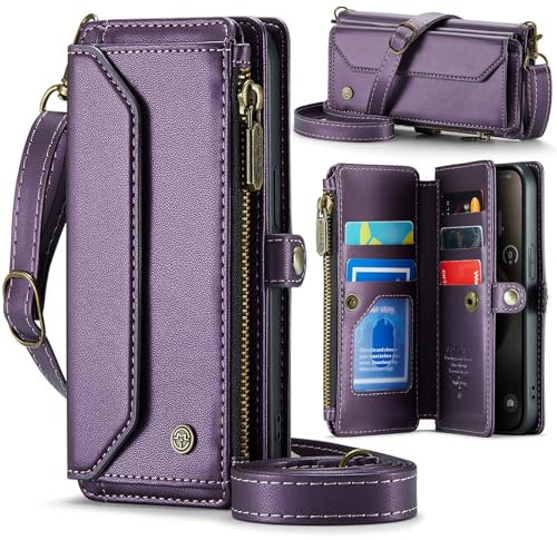 Unichthy For iPhone 16 Pro Max Case for Women with Crossbody Strap + Wrist Strap Shockproof Premium Leather Flip Wallet Handbag Zip Purse 5 Card Slots Clutch Bag for iPhone 16 Pro Max Purple