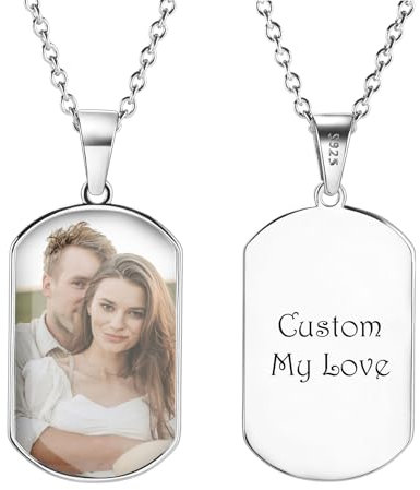 MeMeDIY 925 Sterling Silver Personalized Necklace Heart Necklace with Picture Inside for Man Woman Silver/Gold/Rose Gold Dog Tag Pendant Necklace Engraved Text Memorial Jewelry for Mother -B1