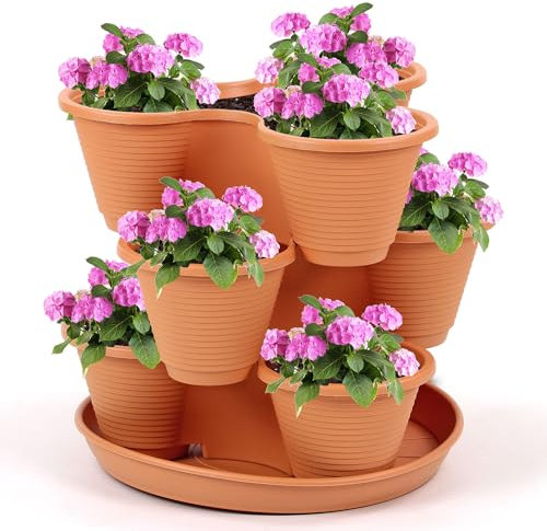 3 Tier Stackable Strawberry, Herb, Flower & Vegetable Planter | Vertical Growing Garden Tower for Indoor/Outdoor Spaces | Space-Saving Tri-Pot Design for Patio, Balcony, Garden