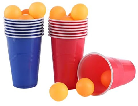 24Pcs Table Tennis Party Game Set 6 Red Cups 6 Blue Cups 12 Balls Reusable Plastic Cups for Birthday Party Dinner Tabletop Game Camping Indoor Outdoor Party Bash Essentials