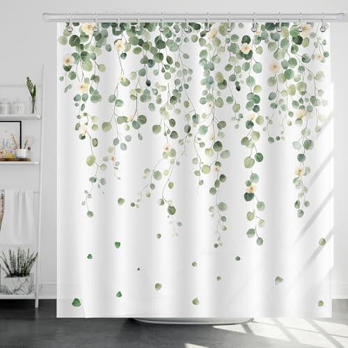 Dazzlewall Rideau de Douche Feuilles Vertes d’Eucalyptus 180x180cm, Rideaux de Douche Tissu Polyester Imperméable Anti Moisissure Lavable pour Baignoire et Bain avec 12 Crochets