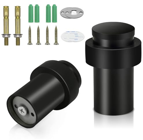 Door Stop, 2 Pack Door Stoppers for Floor Black Heavy Duty Doorstop Stainless Steel Door Holder with Rubber Bumper Included Screws and Dowels 30 x 60mm