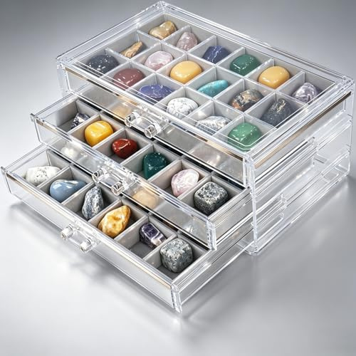 Dmnnlp Rock Vitrine 3 Schubladen 54 Fächer Schmuckaufbewahrungsbox Schmuckaufbewahrungsbox aus Fossil Edelstein (Grau)