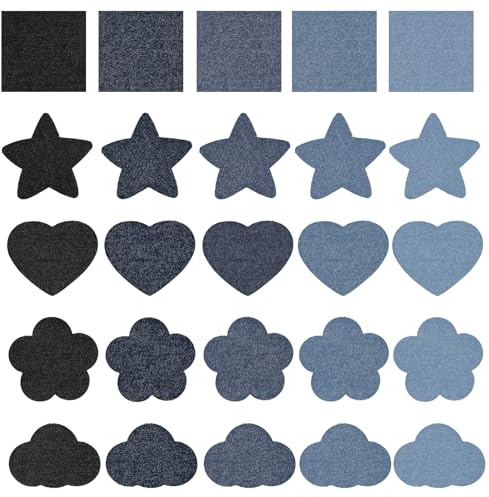 Bewudy 25 Stück Bügelflicken Jeans, Mehrfarbig Flicken zum Aufbügeln mit Verschiedenen Mustern Aufbügelflicken Reparaturflicken Patches zum Aufbügeln für Jacken Taschen Lochreparatur Deko (Mit Nähset)
