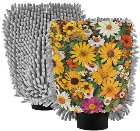 Beauty Spring Mikrofaser-Handschuh mit bunten Blumen, für Autos, kratzfreie Autos, Waschhandschuhe, Reinigungshandschuhe, 2 Stück