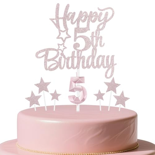 mciskin Rose Gold 5th Birthday Candles Cake Toppers Set,5th Birthday Decorations for Girl,3D Number 5 Candle for Cake,Rose Gold Candles Star Cupcake Toppers for Girls Women Birthday Party Supplies