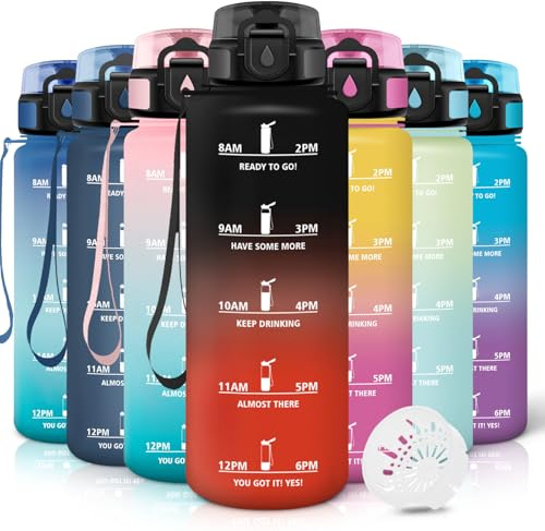Motswedi Gourde 1,5l, Anti-Fuite, Gourde Sport, avec Marqueur de Temps, Bouteille d'eau, Réutilisable, Bouteille, pour Sport, Randonnée, Yoga, Fitness, Noir Rouge