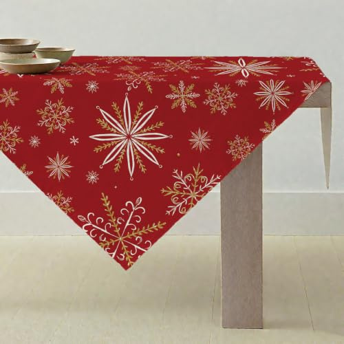 ViaElayu Tischdecke Weihnachten Weihnachtsdeko Klein Weihnachtstischdecke Mitteldecke 100x100 cm Rot Weihnachts Tischdeko mit Weiße und Gold Schneeflocken Abwaschbar Modern Winter Küche Tisch Deko