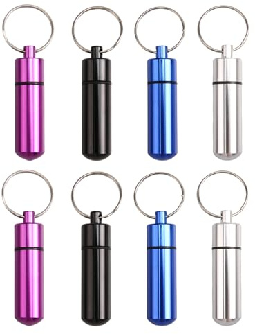 8 PCS Boîte à Pilulier en Aluminium, Pilulier Porte Clé, Mini Boîte de Poche en Aluminium étanche, Étui Clé Portable en Métal Pour Capsules, Voyage et Usage Quotidien