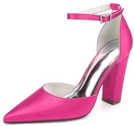 Chaussures De Mariée À Talons Hauts Carrés Brides De Cheville Escarpins Satin Bout Pointu Chaussures De Mariage Soirée,Fuchsia,40 EU