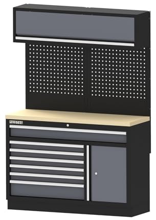 FEISTOS Werkstatteinrichtung Apollo 21 inkl. Lochwand Werkbank Stahl | Modulare Werkbank mit robuster Multiplex-Arbeitsplatte in Bucheoptik und glänzenden Metallleisten für stilvolle Ordnung.