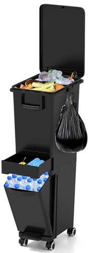 GOPLUS 3 en 1 Poubelle Cuisine sur Roulettes, Poubelle de Tri 32 L avec Couvercle et Tiroir de Rangement Pédale en Plastique pour Cuisine, Salle de Bain,36 x 25 x 84 cm,16+11+3 L (Noir)