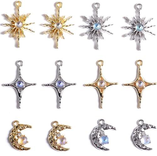 Dermalyx 60 Stück Celestial Charms Set, Mond Stern Sonne Anhänger Für Armbänder, DIY Schmuck Basteln, Silber & Gold Überzogen, Perlen Anhänger Für Armband & Schlüsselanhänger