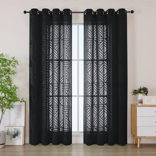 Simplebrand Wohnzimmer Gardinen mit Ösen 2er Set, Halbtransparent Geometrisches Ausbrenner Muster Vorhang, Lichtdurchlässiger Dekoschal Sichtschutz Fenster, 140x200 cm Schwarz