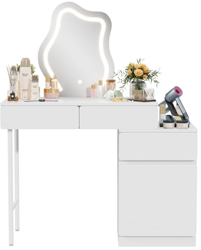 Rebonique Dressing Table and Stool with 3-Colour LED Mirror,Vanity Table with Cloud-Shaped Mirror,Makeup Desk with 3 Storage Drawer&Large Movable Storage Cabinet,Vanity Desk for Bedroom,White